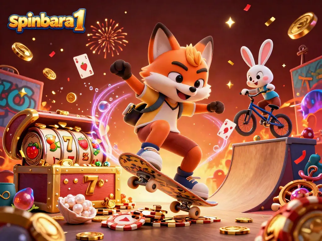 Experience the thrill of spinbara 1 with a vibrant illustration showcasing energetic casino elements and characters.