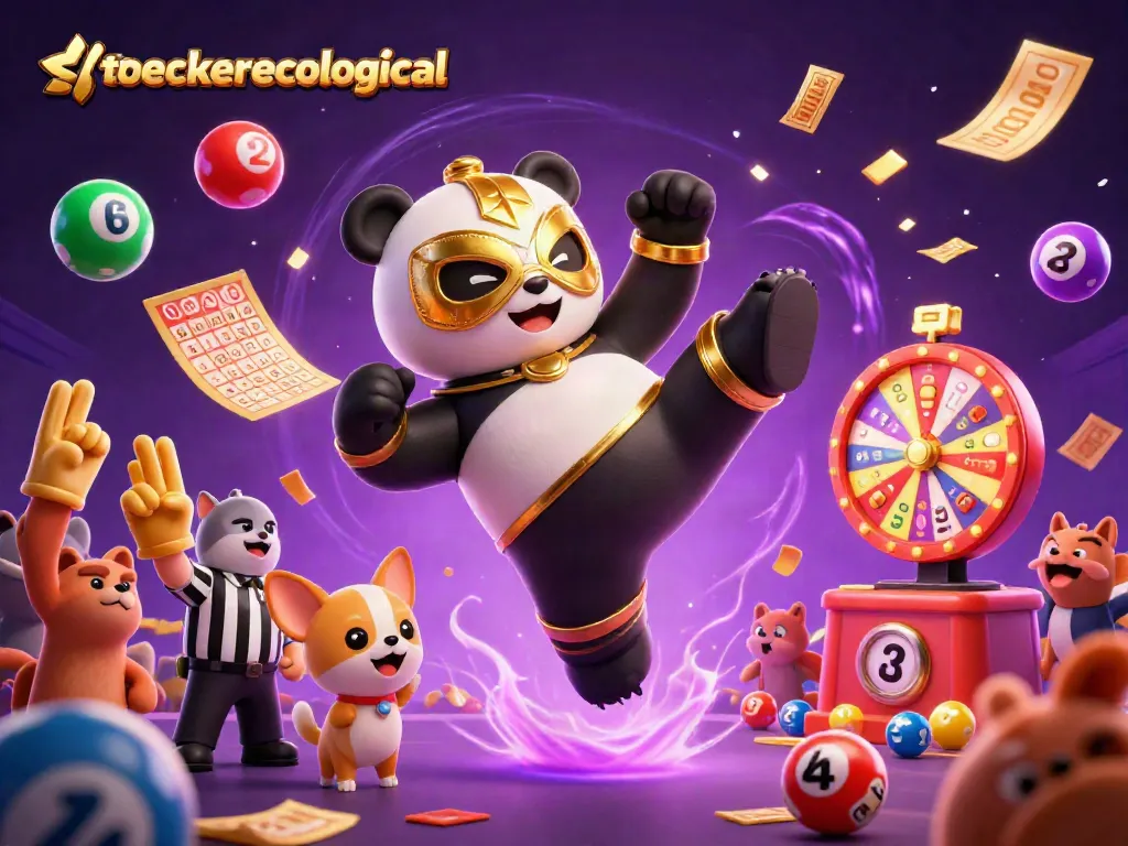 Watch the stoeckerecological panda kick while colorful lottery balls fly in this vibrant casino scene.