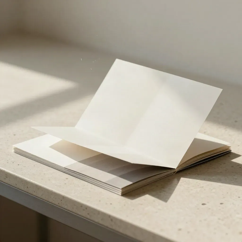 Folletos trípticos cayendo sobre una mesa de travertino junto a una carpeta de muestras abierta.