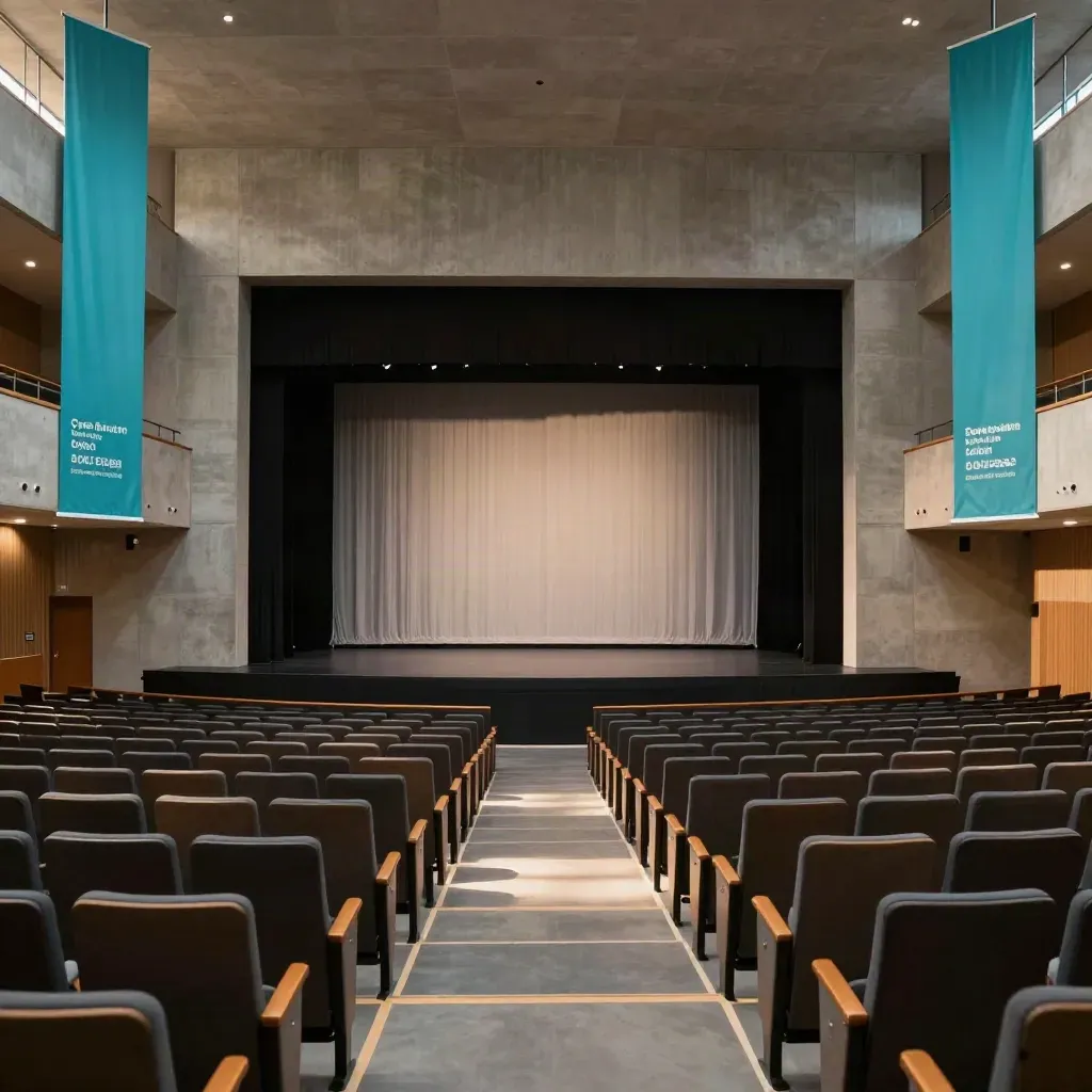 Auditorio vacío con lona de escenario, banderolas y señalética cian listos para un acto.