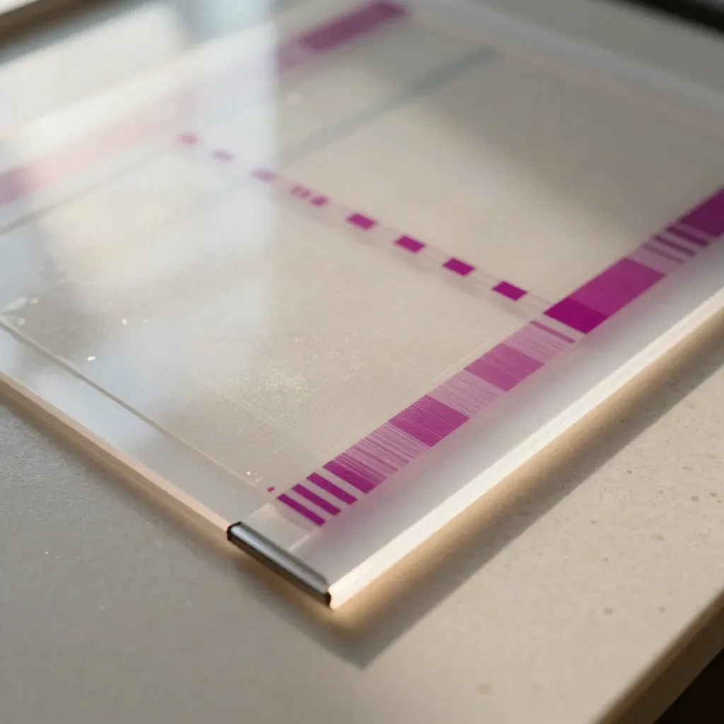 Acetato de preimpresión y tiras CMYK sobre mesa de luz, en macro cenital.