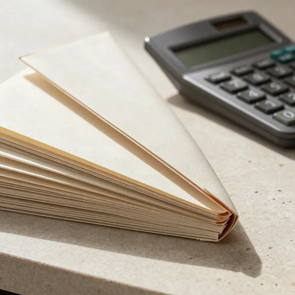 Muestrario de papel, calculadora y carpeta de presupuesto sobre mostrador claro.