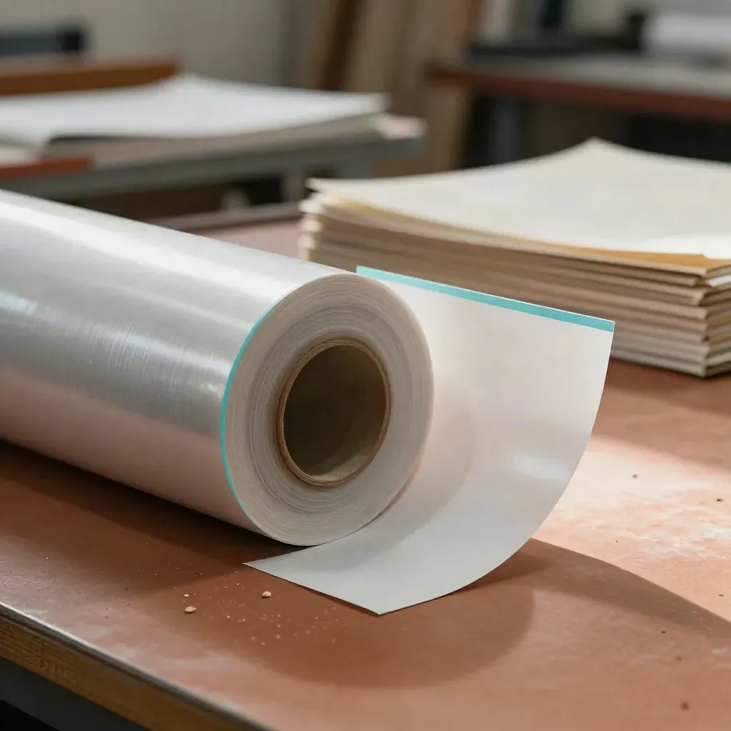 Bobina de vinilo curvada, perfil de aluminio y lona mate sobre mesa de taller, luz suave.