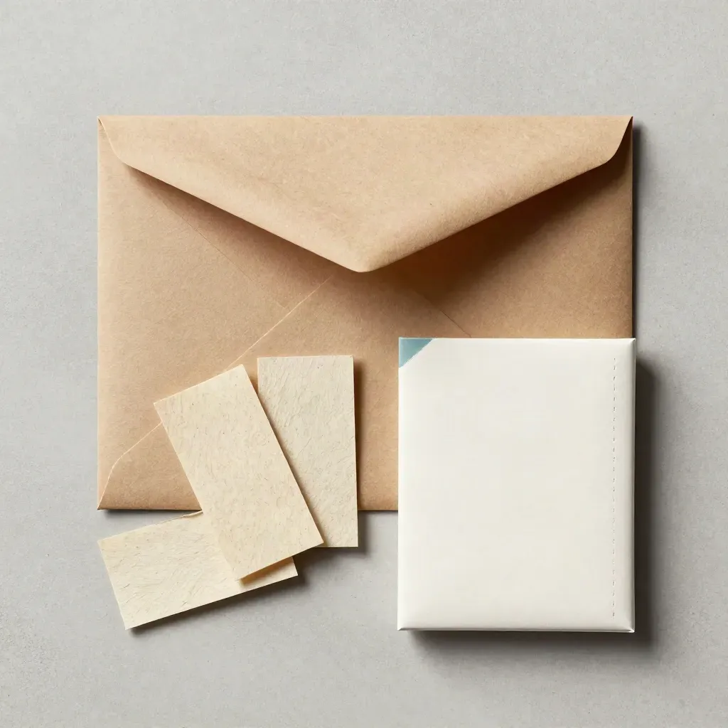 Sobre kraft medio abierto con chips de papel y muestrario cerrado sobre piedra clara.