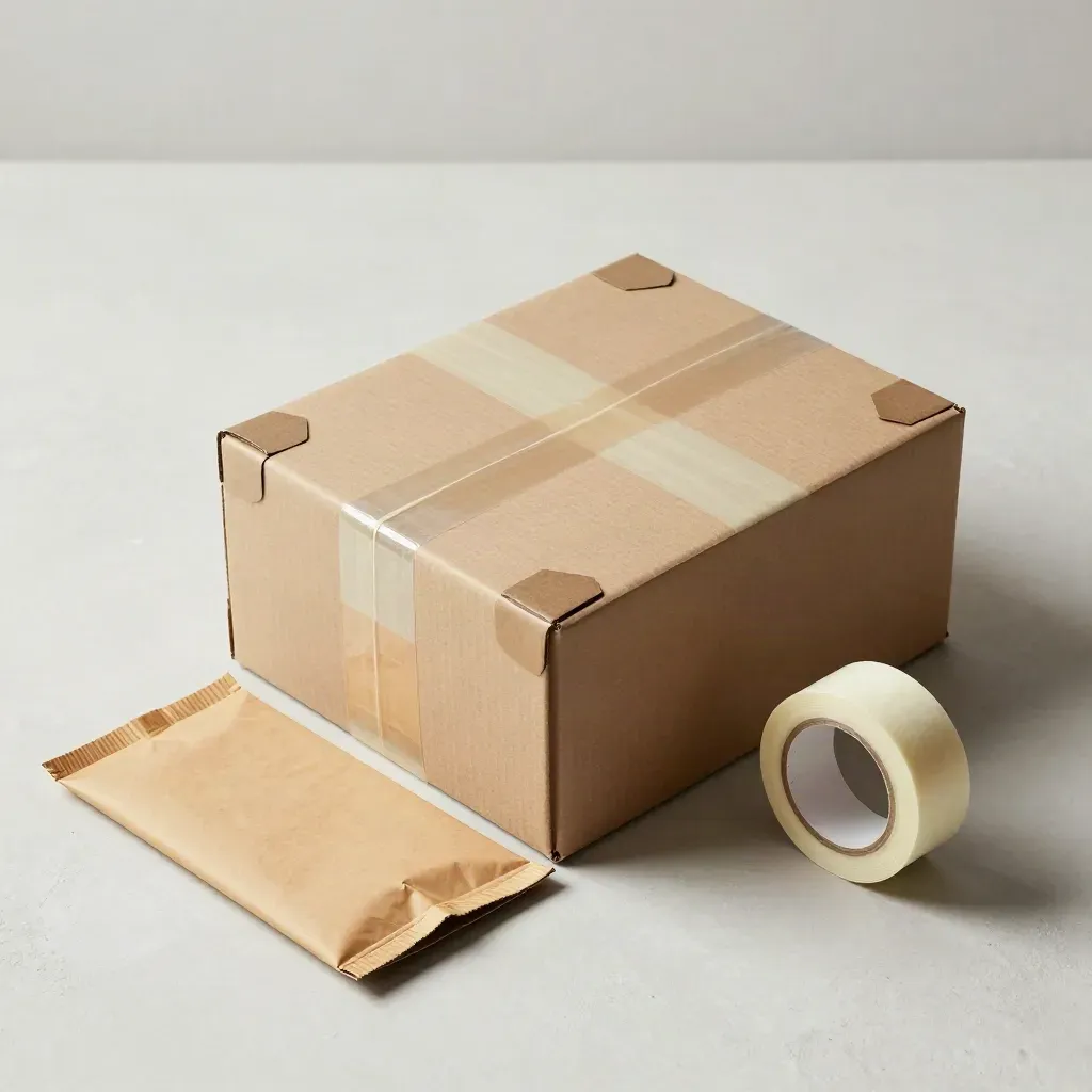Caja de envío kraft sellada con cantoneras de cartón y cinta sobre fondo claro.