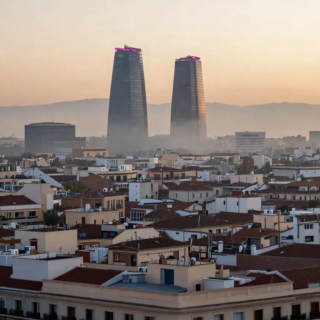 Madrid al amanecer con las Cuatro Torres sobre tejados pálidos y bruma suave