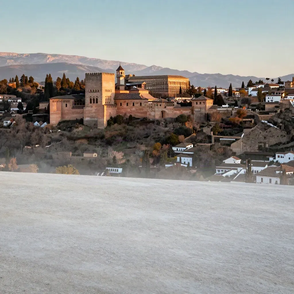 Andalucía al atardecer con la Alhambra lejana y colinas blancas bajo luz cálida