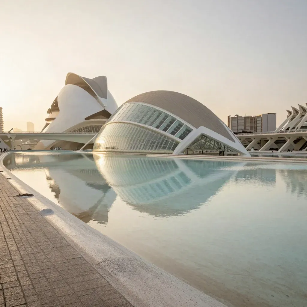 La Ciudad de las Artes y las Ciencias de Valencia reflejada en agua inmóvil con luz matinal.