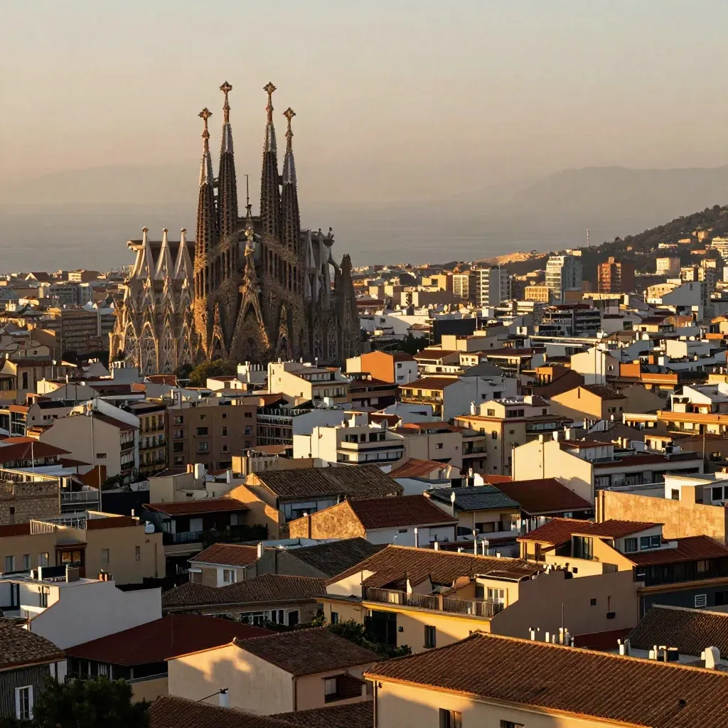 Barcelona al atardecer con la Sagrada Família y tejados cálidos hacia el mar